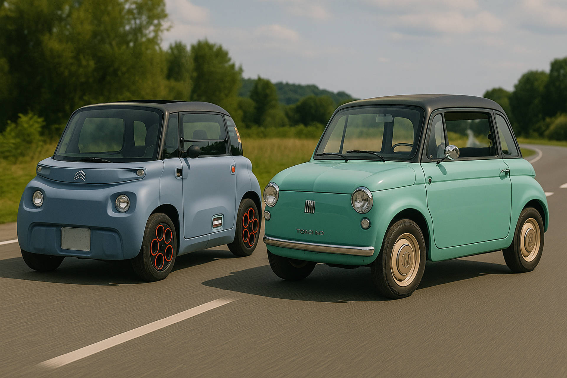 Une Citroën Ami et une Fiat Topolino sur une route